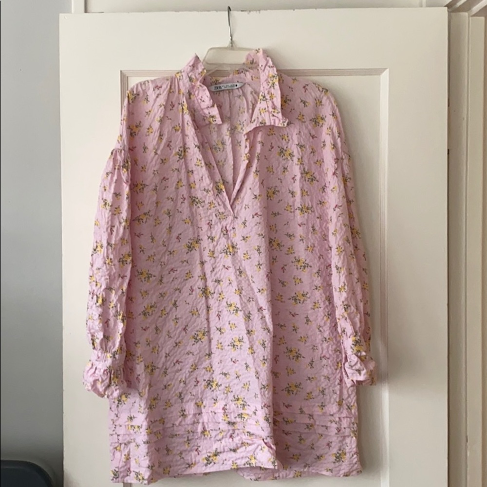 Zara textured pink floral tunic dress